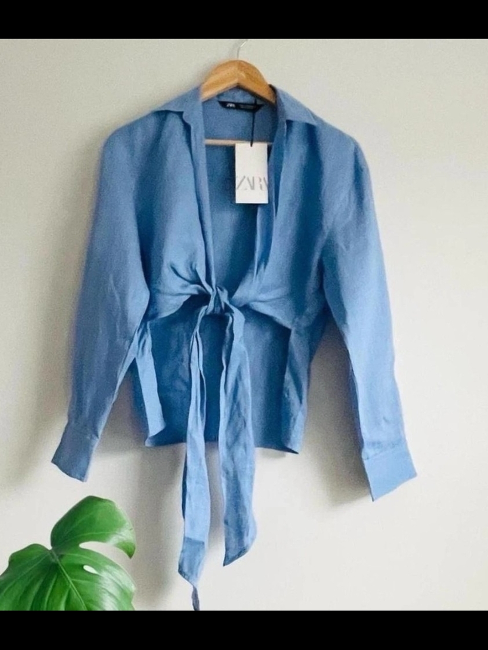Zara Women Blouse Crop Linen Tie Collared Shirt In Blue Linen NWT